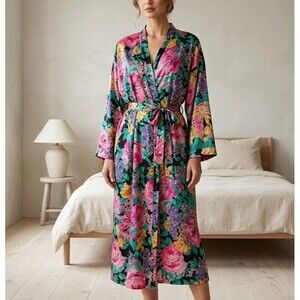 VTG 80s Cinema Etoile Satin Robe Womens Large Floral Belted Kimono Pockets Pink